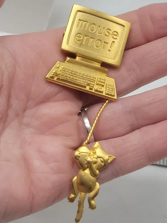 Vtg Signed JJ Brooch Mouse Error Gold-Tone Computer & Cat Dangling Pin Quirky 19 - Picture 10 of 10